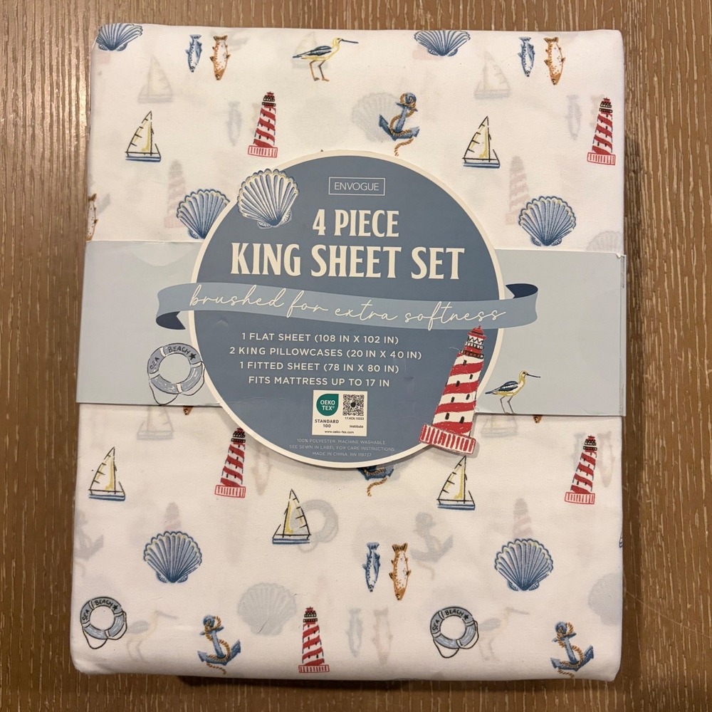 Envogue 4 Piece King Sheet Set Coastal Nautical Lighthouse Seashell Beach White